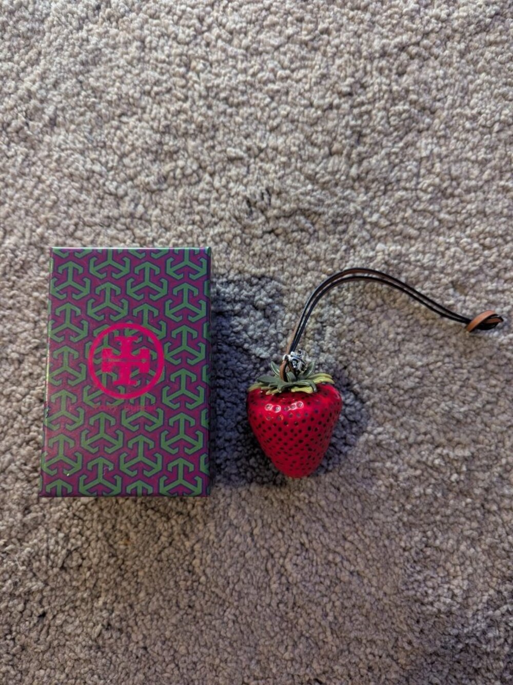 Tory Burch Strawberry Charm Keychain Red Enamel Fruit Bag Charm With Box
